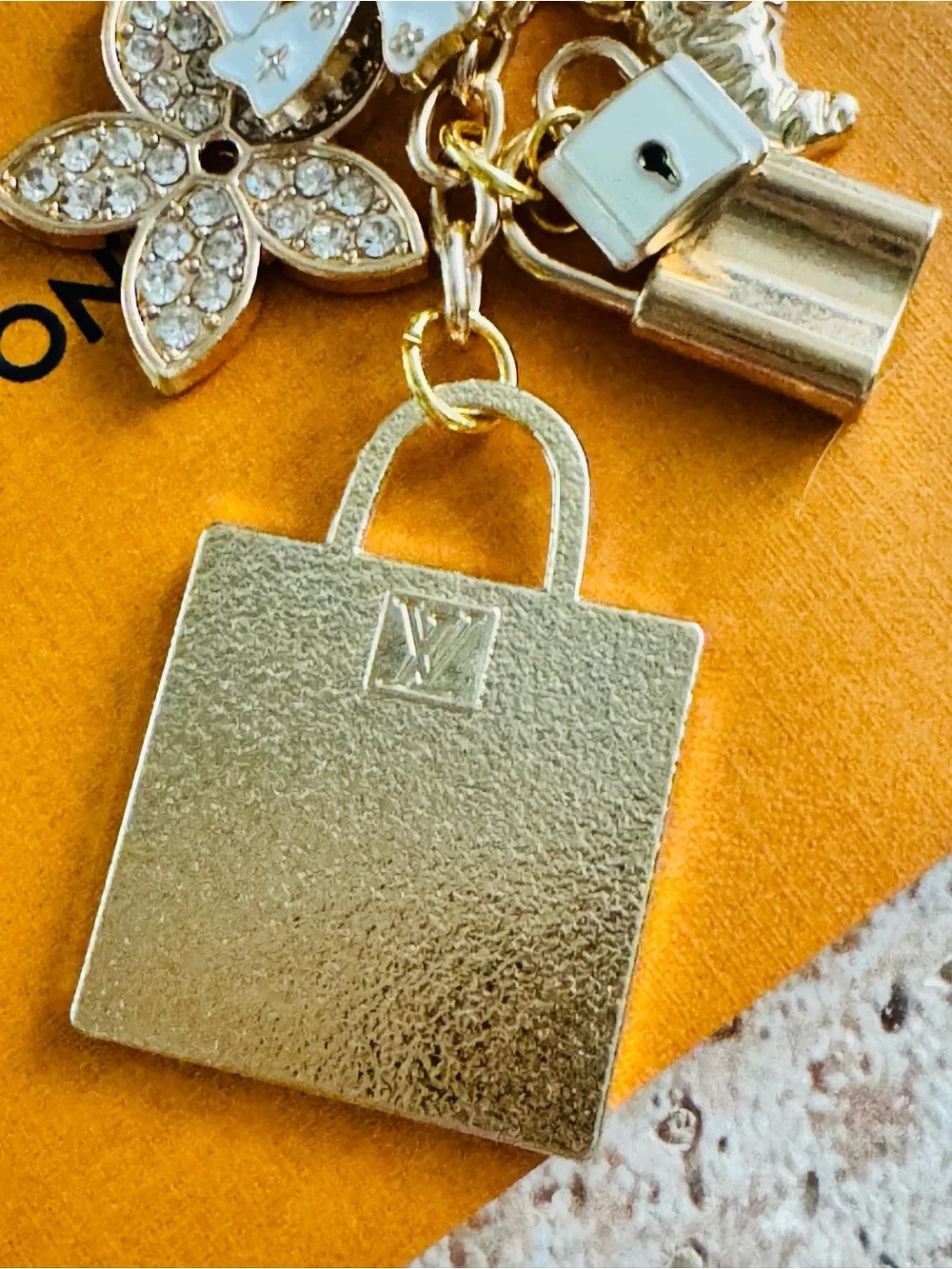 LV Stamped Hardware & Fashion Accents on Gold Key Chain/Bag Charm